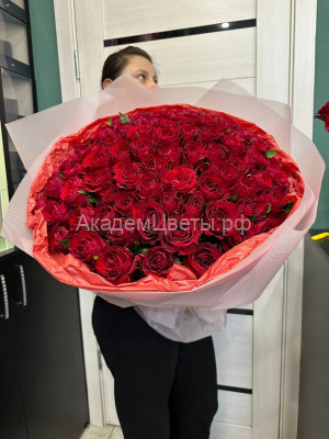 101 роза красная в букете 50 см.